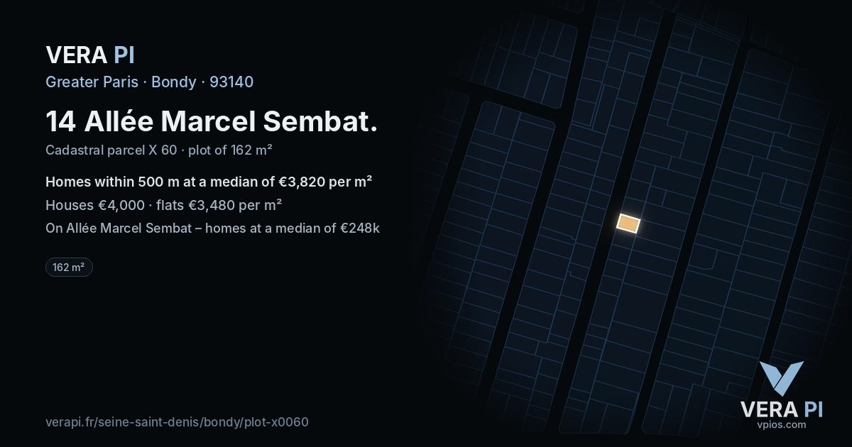 14 Allée Marcel Sembat, Bondy at night – the plot lit, the parcels around coloured by the prices near them