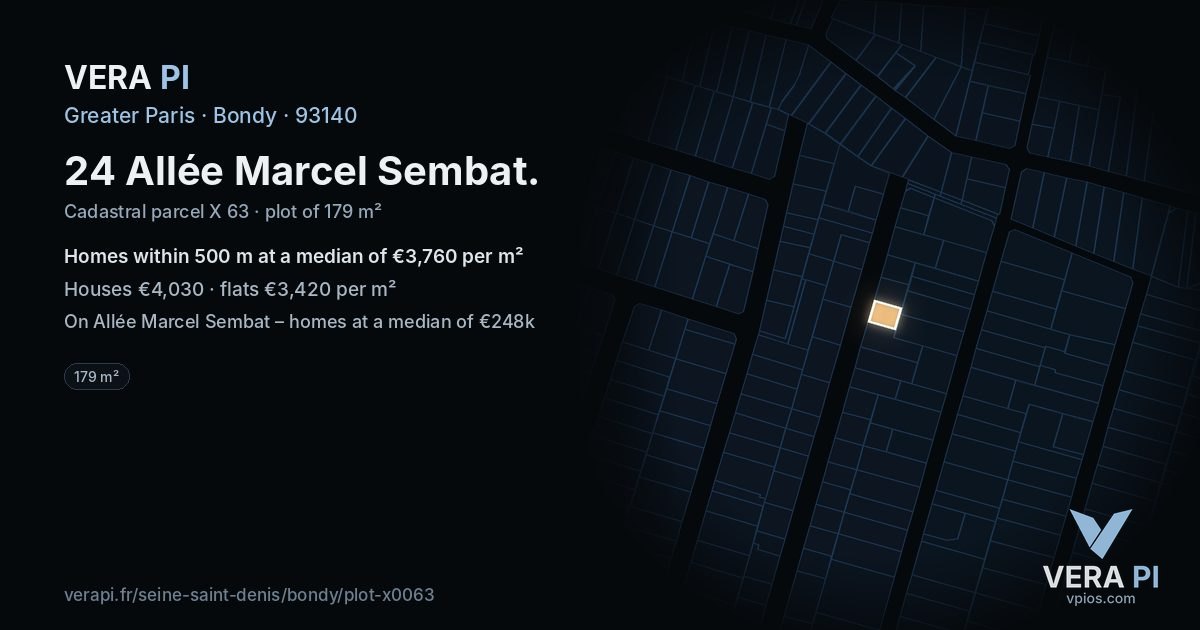 24 Allée Marcel Sembat, Bondy at night – the plot lit, the parcels around coloured by the prices near them