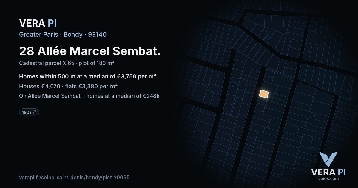 28 Allée Marcel Sembat, Bondy at night – the plot lit, the parcels around coloured by the prices near them
