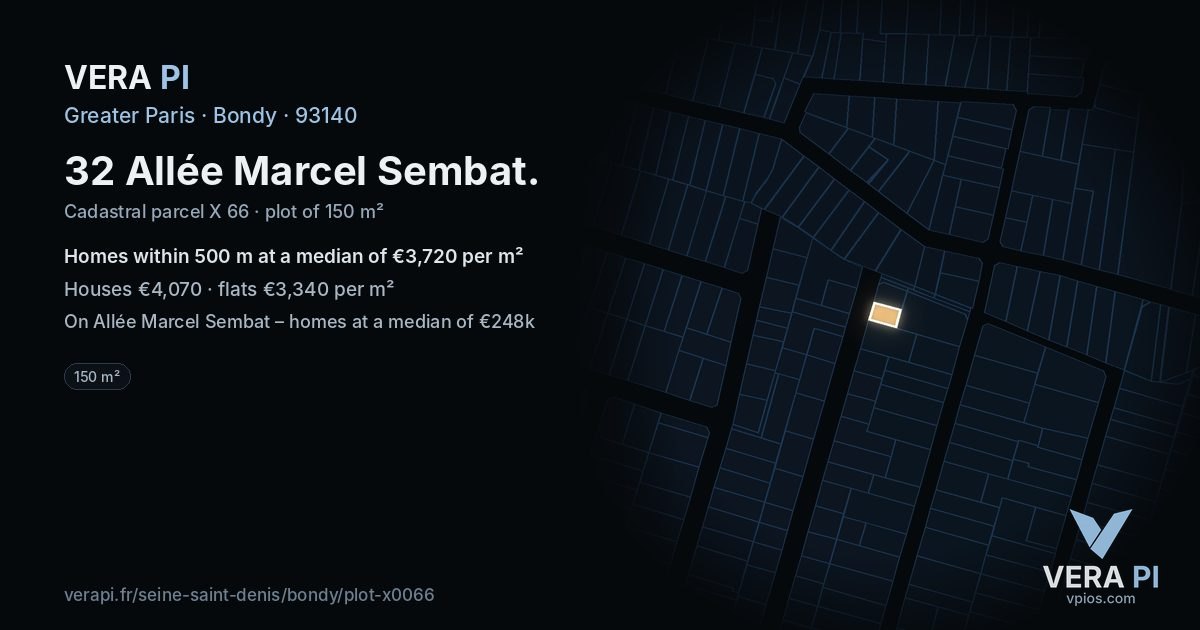 32 Allée Marcel Sembat, Bondy at night – the plot lit, the parcels around coloured by the prices near them