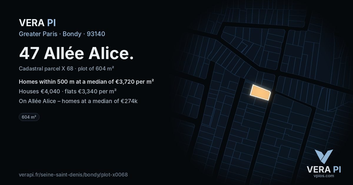 47 Allée Alice, Bondy at night – the plot lit, the parcels around coloured by the prices near them