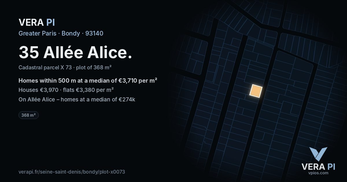 35 Allée Alice, Bondy at night – the plot lit, the parcels around coloured by the prices near them