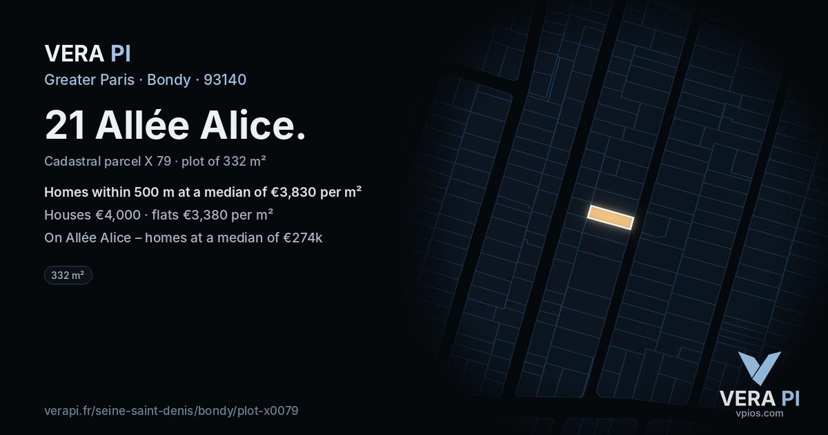 21 Allée Alice, Bondy at night – the plot lit, the parcels around coloured by the prices near them
