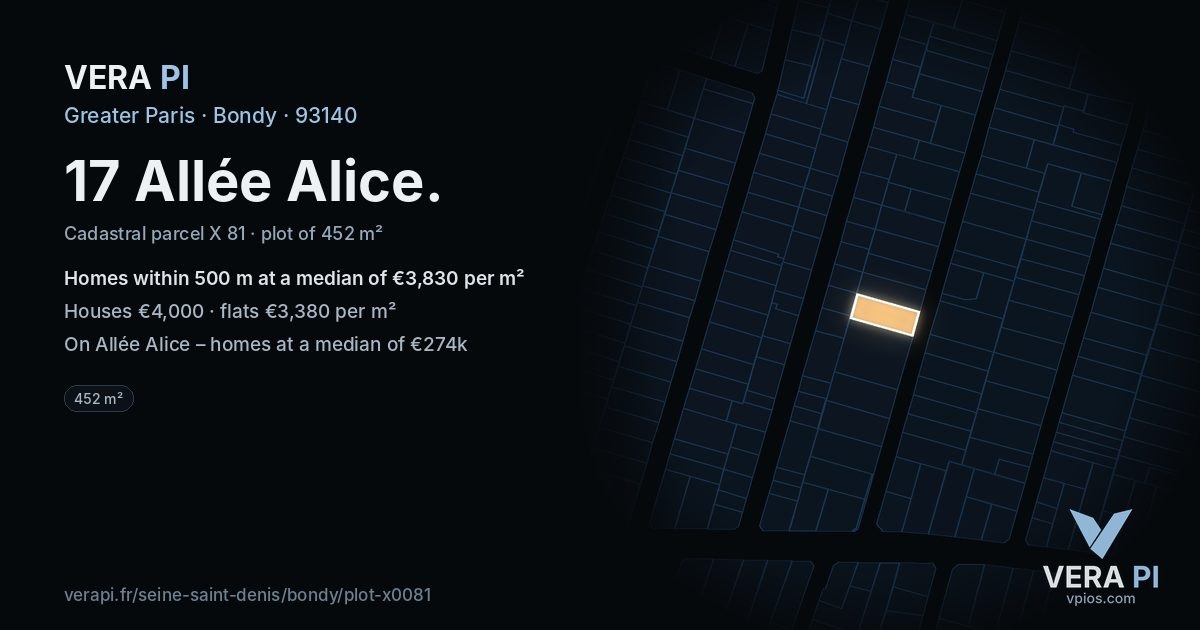 17 Allée Alice, Bondy at night – the plot lit, the parcels around coloured by the prices near them