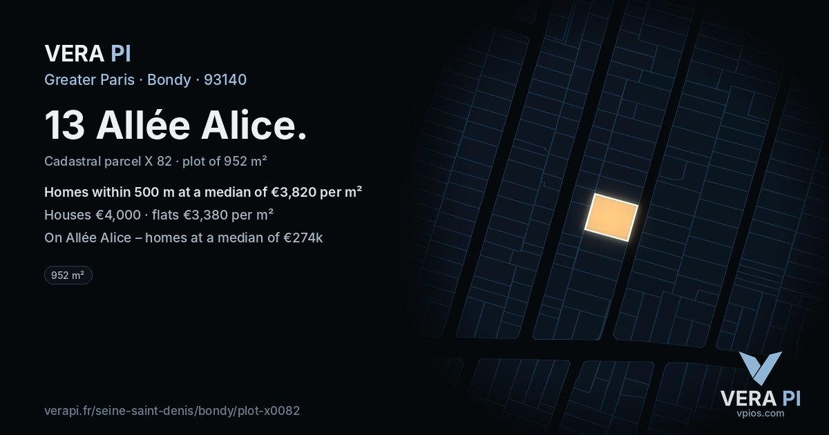 13 Allée Alice, Bondy at night – the plot lit, the parcels around coloured by the prices near them