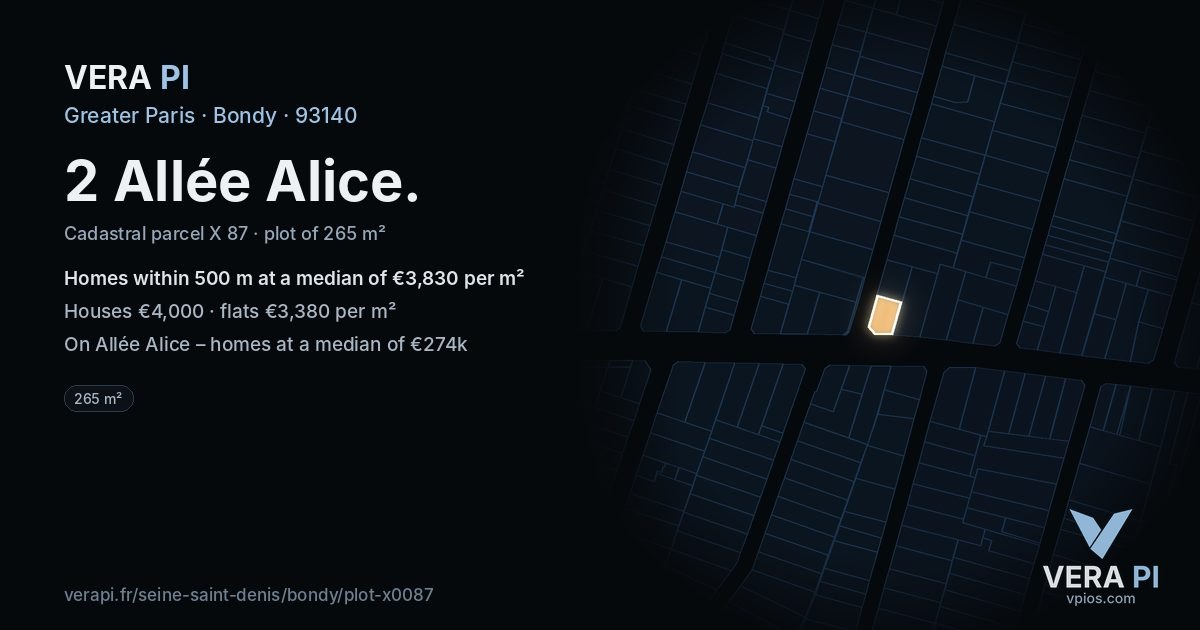 2 Allée Alice, Bondy at night – the plot lit, the parcels around coloured by the prices near them