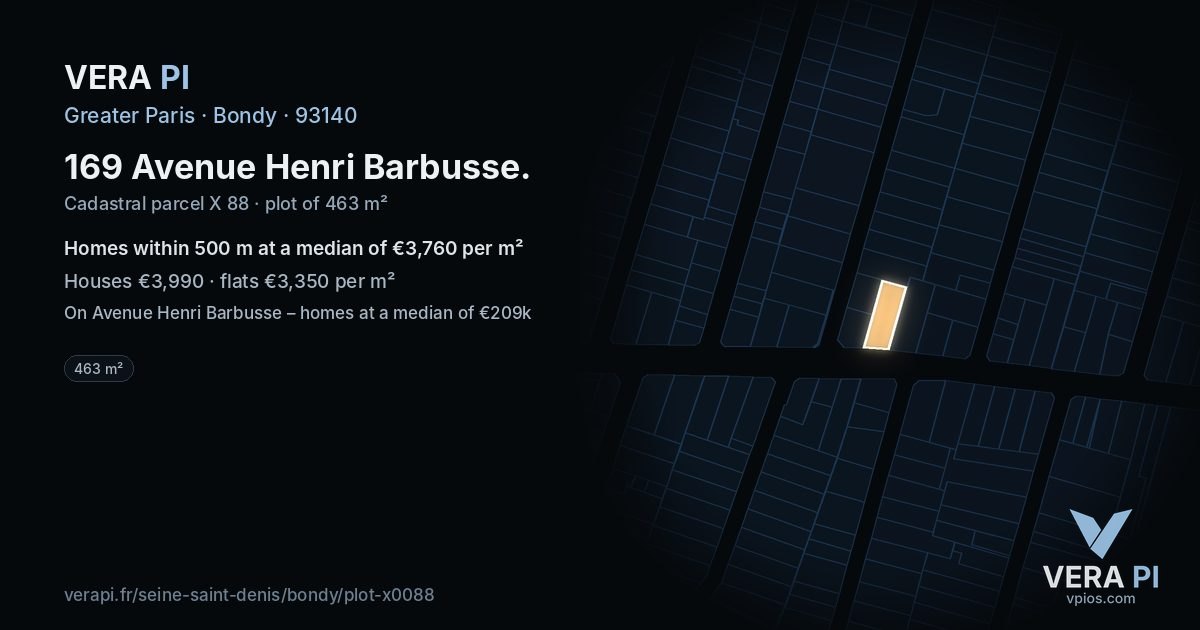 169 Avenue Henri Barbusse, Bondy at night – the plot lit, the parcels around coloured by the prices near them