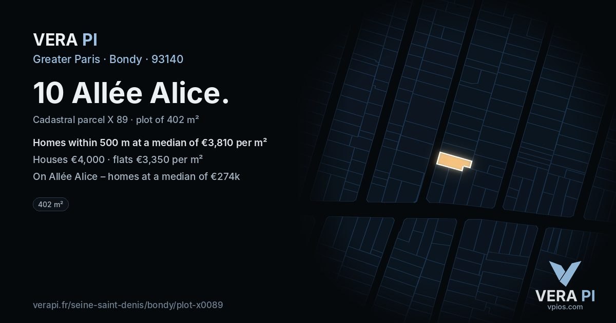 10 Allée Alice, Bondy at night – the plot lit, the parcels around coloured by the prices near them