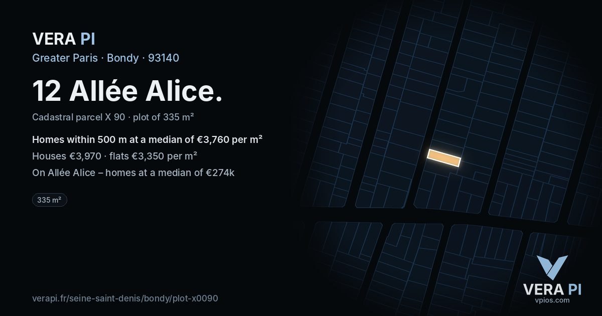 12 Allée Alice, Bondy at night – the plot lit, the parcels around coloured by the prices near them