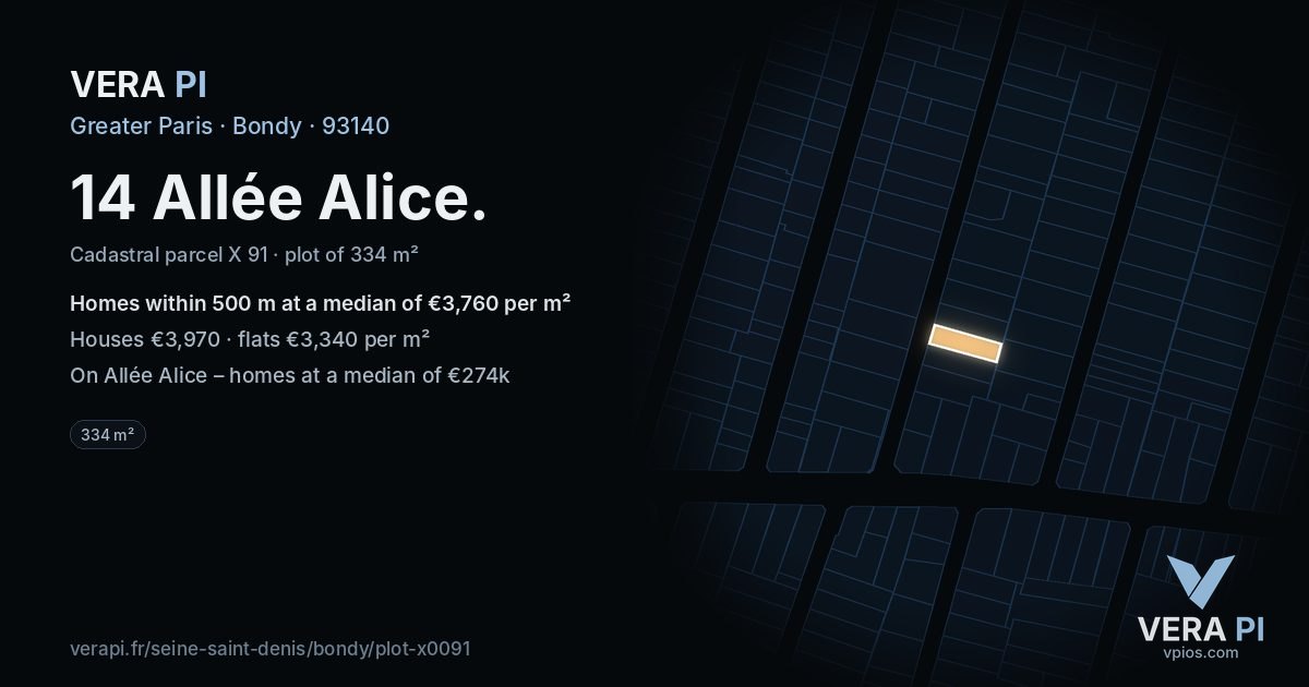 14 Allée Alice, Bondy at night – the plot lit, the parcels around coloured by the prices near them