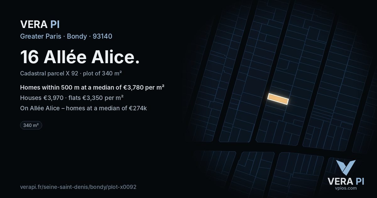 16 Allée Alice, Bondy at night – the plot lit, the parcels around coloured by the prices near them