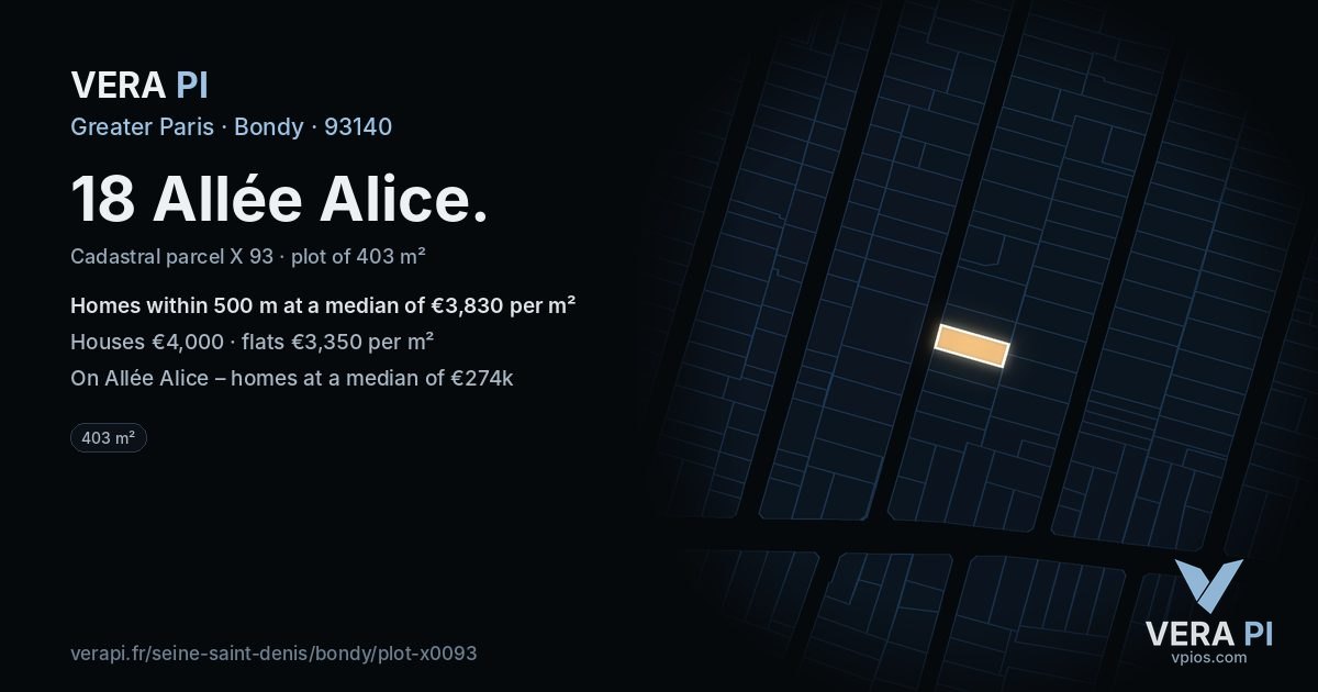 18 Allée Alice, Bondy at night – the plot lit, the parcels around coloured by the prices near them