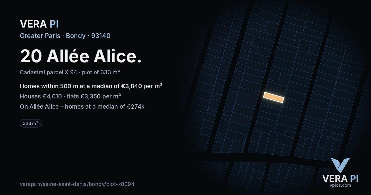 20 Allée Alice, Bondy at night – the plot lit, the parcels around coloured by the prices near them