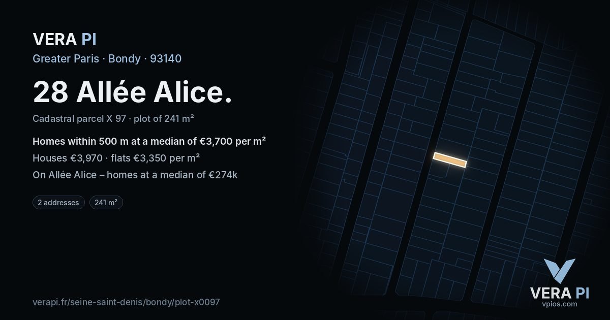 28 Allée Alice, Bondy at night – the plot lit, the parcels around coloured by the prices near them