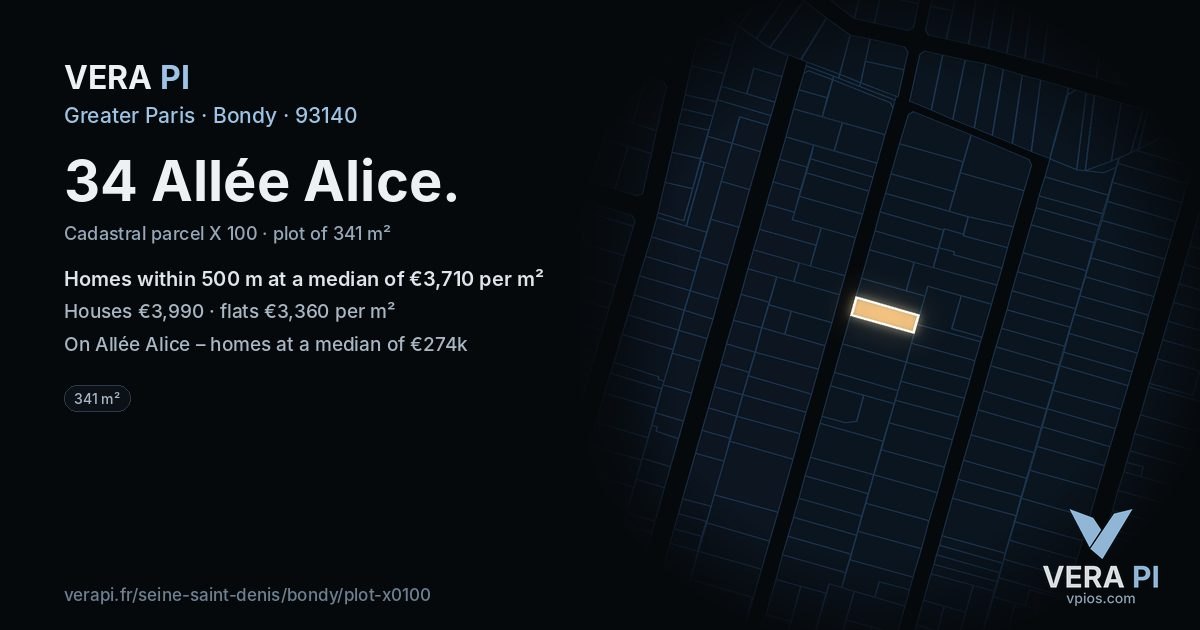 34 Allée Alice, Bondy at night – the plot lit, the parcels around coloured by the prices near them