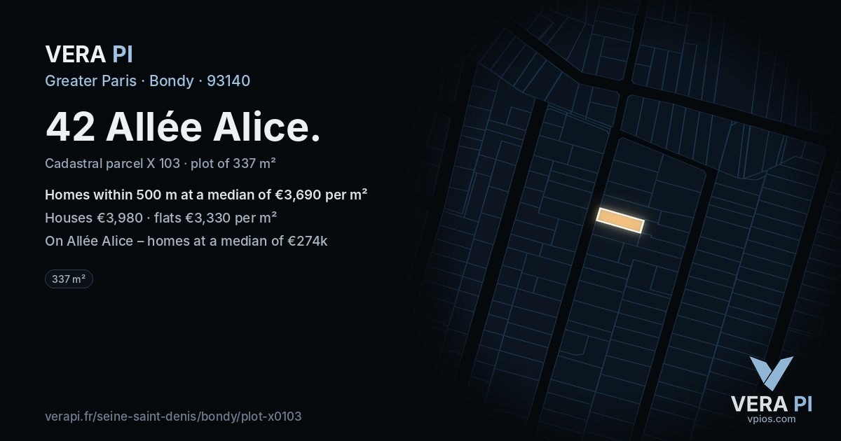 42 Allée Alice, Bondy at night – the plot lit, the parcels around coloured by the prices near them
