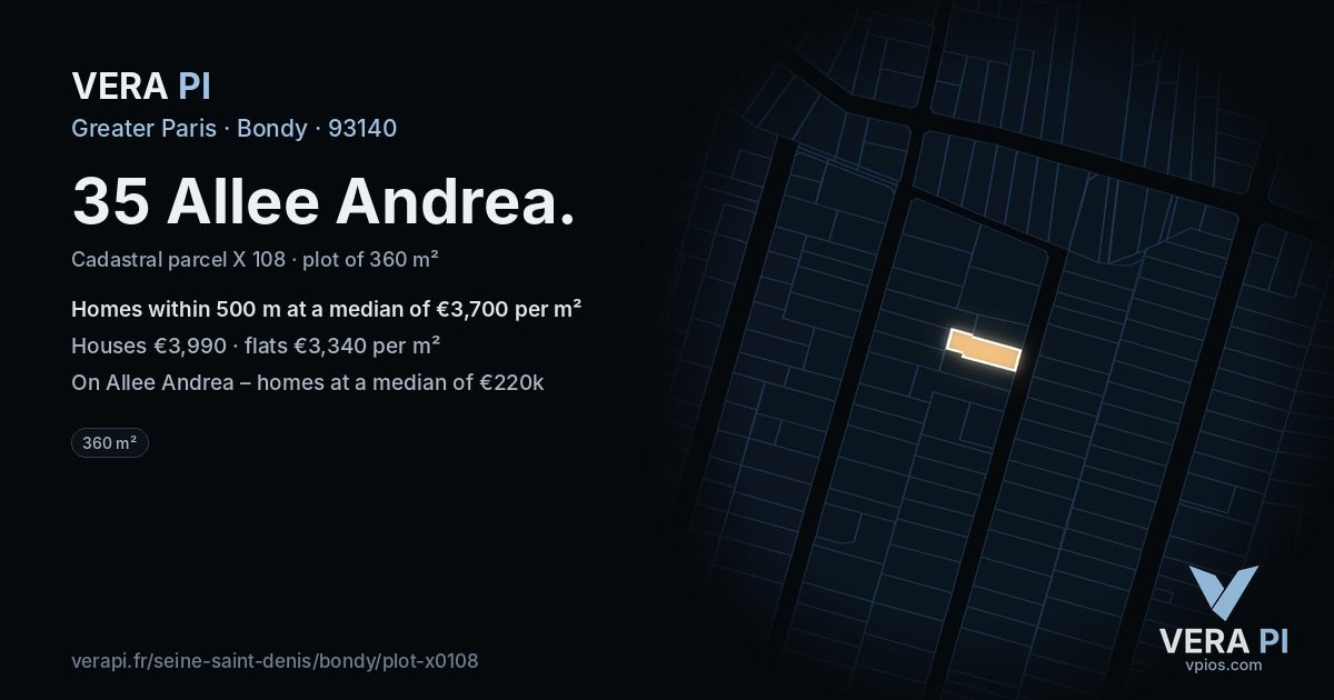 35 Allee Andrea, Bondy at night – the plot lit, the parcels around coloured by the prices near them