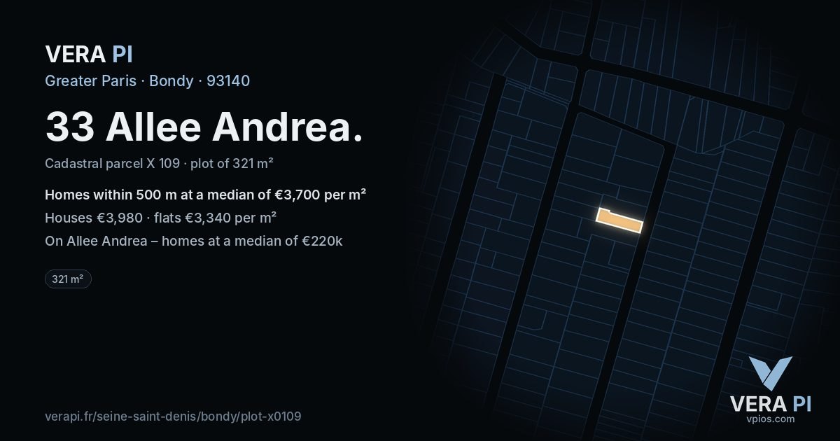 33 Allee Andrea, Bondy at night – the plot lit, the parcels around coloured by the prices near them