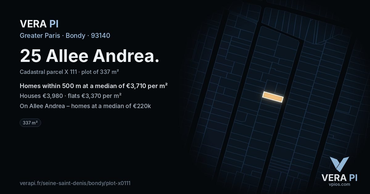 25 Allee Andrea, Bondy at night – the plot lit, the parcels around coloured by the prices near them