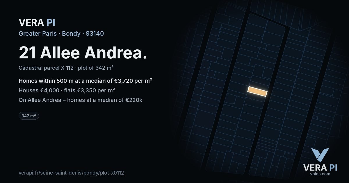 21 Allee Andrea, Bondy at night – the plot lit, the parcels around coloured by the prices near them