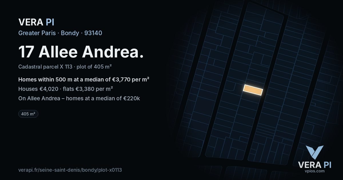 17 Allee Andrea, Bondy at night – the plot lit, the parcels around coloured by the prices near them