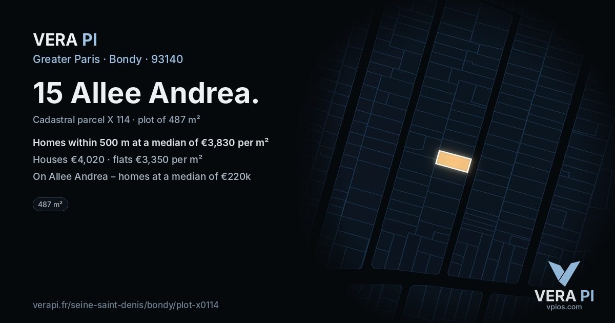 15 Allee Andrea, Bondy at night – the plot lit, the parcels around coloured by the prices near them