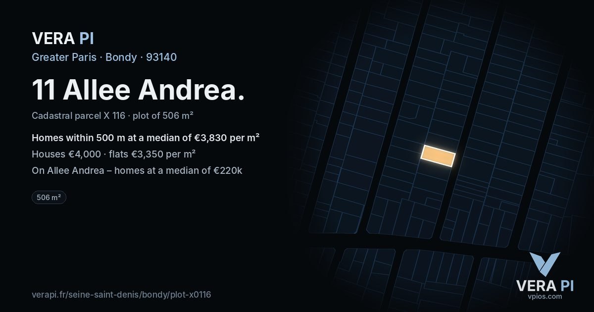 11 Allee Andrea, Bondy at night – the plot lit, the parcels around coloured by the prices near them
