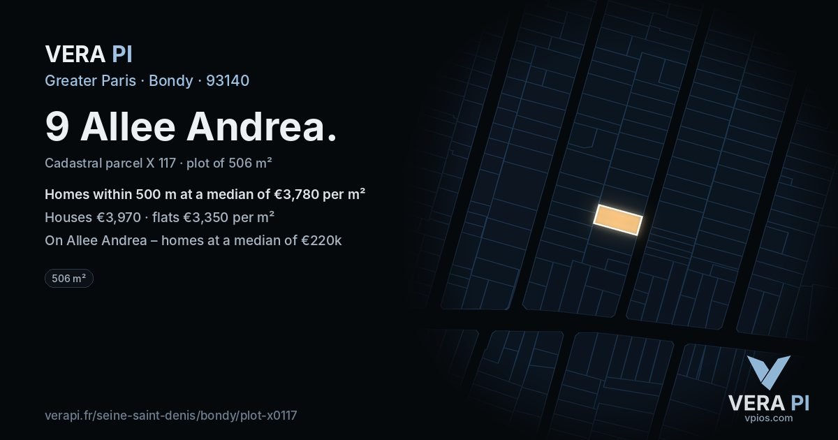 9 Allee Andrea, Bondy at night – the plot lit, the parcels around coloured by the prices near them