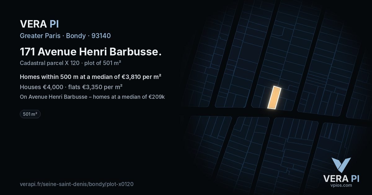 171 Avenue Henri Barbusse, Bondy at night – the plot lit, the parcels around coloured by the prices near them