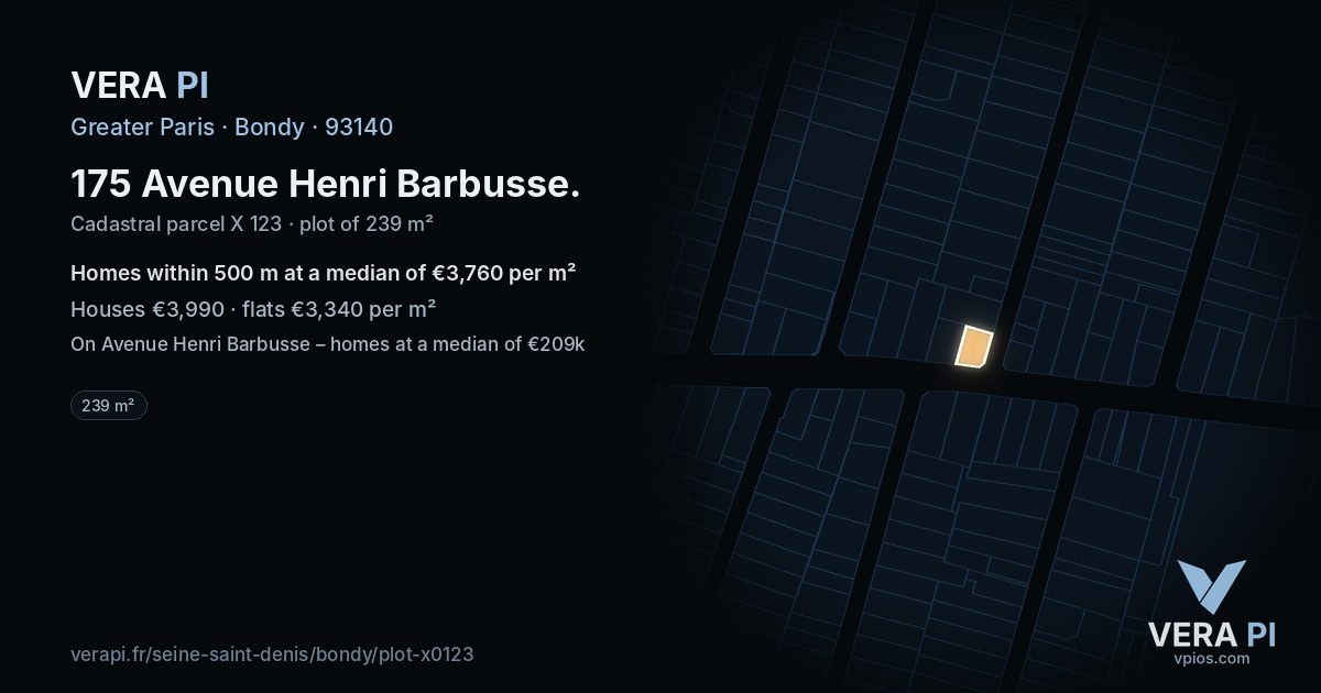 175 Avenue Henri Barbusse, Bondy at night – the plot lit, the parcels around coloured by the prices near them