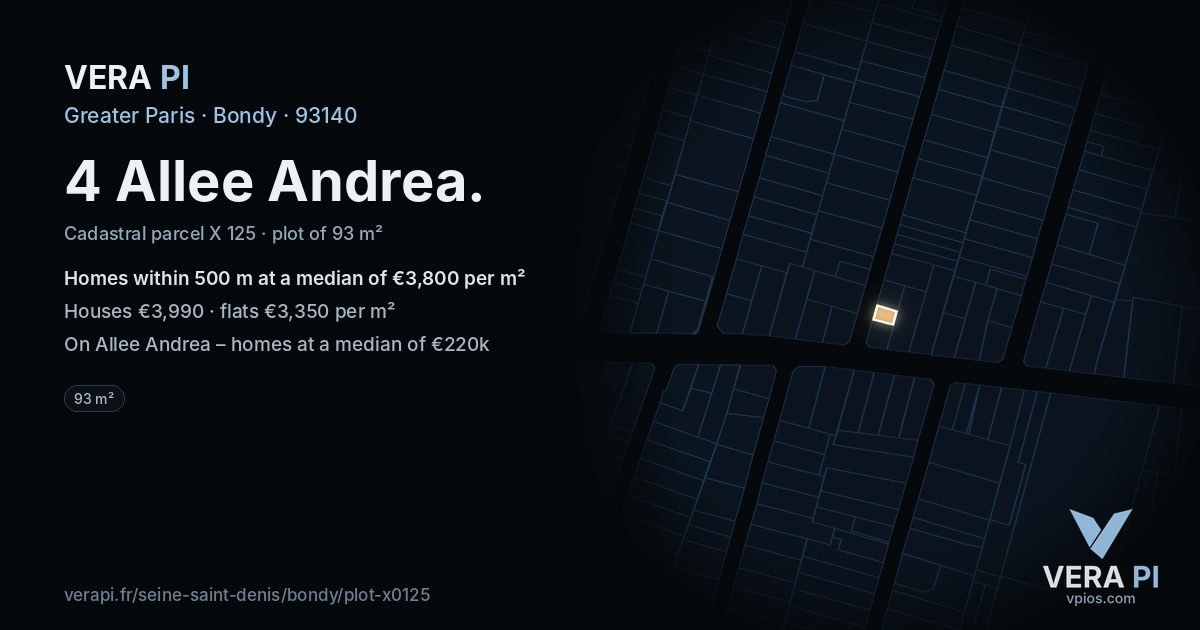 4 Allee Andrea, Bondy at night – the plot lit, the parcels around coloured by the prices near them