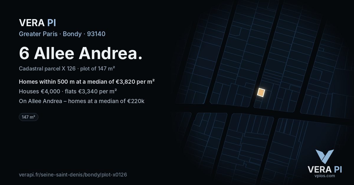 6 Allee Andrea, Bondy at night – the plot lit, the parcels around coloured by the prices near them