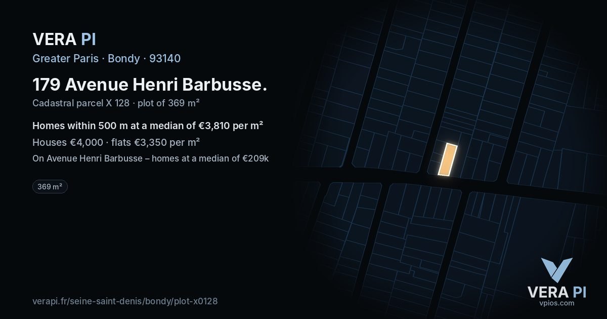 179 Avenue Henri Barbusse, Bondy at night – the plot lit, the parcels around coloured by the prices near them