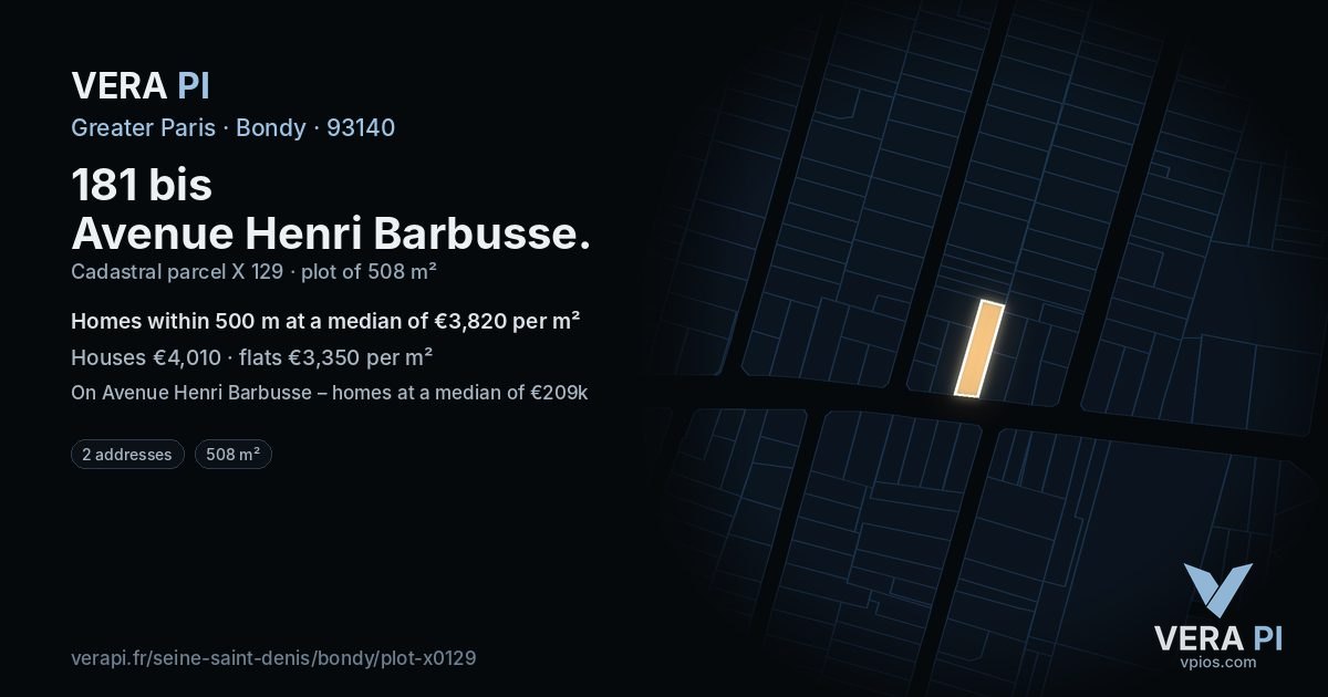 181 bis Avenue Henri Barbusse, Bondy at night – the plot lit, the parcels around coloured by the prices near them