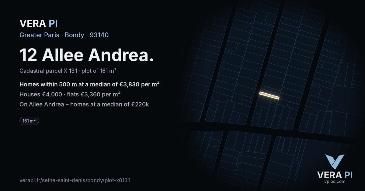 12 Allee Andrea, Bondy at night – the plot lit, the parcels around coloured by the prices near them