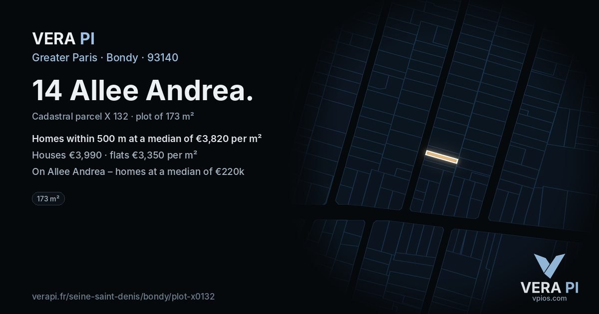 14 Allee Andrea, Bondy at night – the plot lit, the parcels around coloured by the prices near them