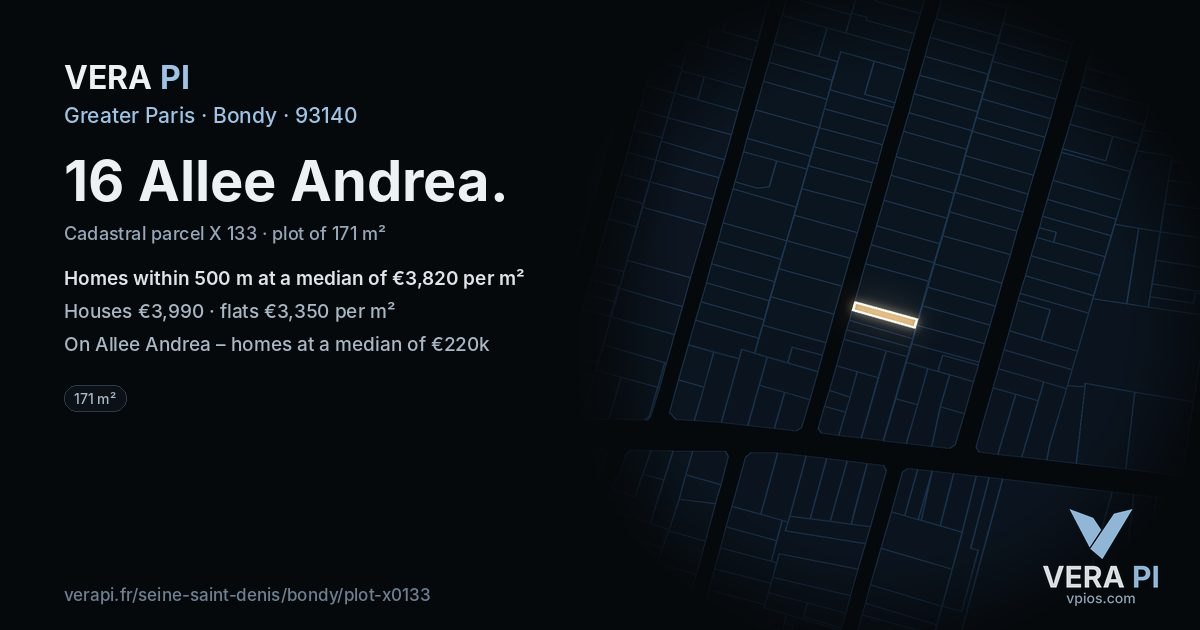 16 Allee Andrea, Bondy at night – the plot lit, the parcels around coloured by the prices near them