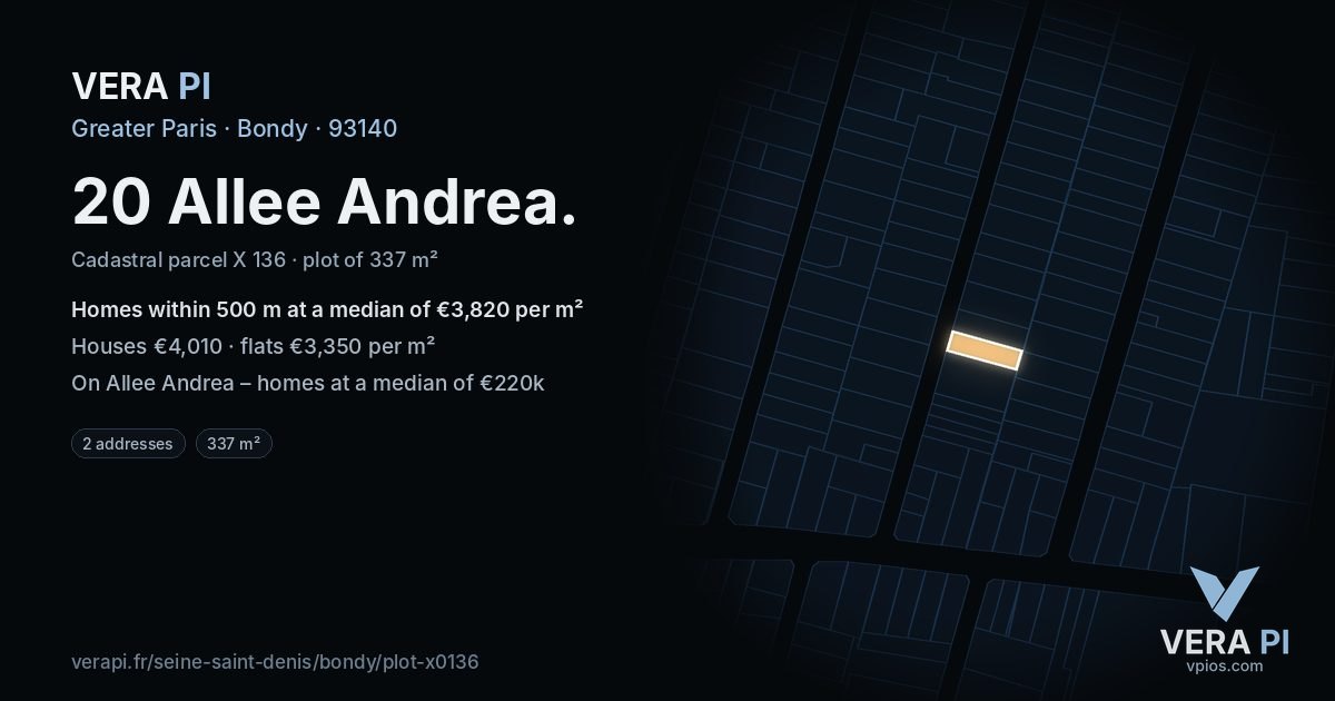 20 Allee Andrea, Bondy at night – the plot lit, the parcels around coloured by the prices near them