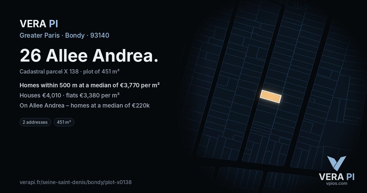 26 Allee Andrea, Bondy at night – the plot lit, the parcels around coloured by the prices near them