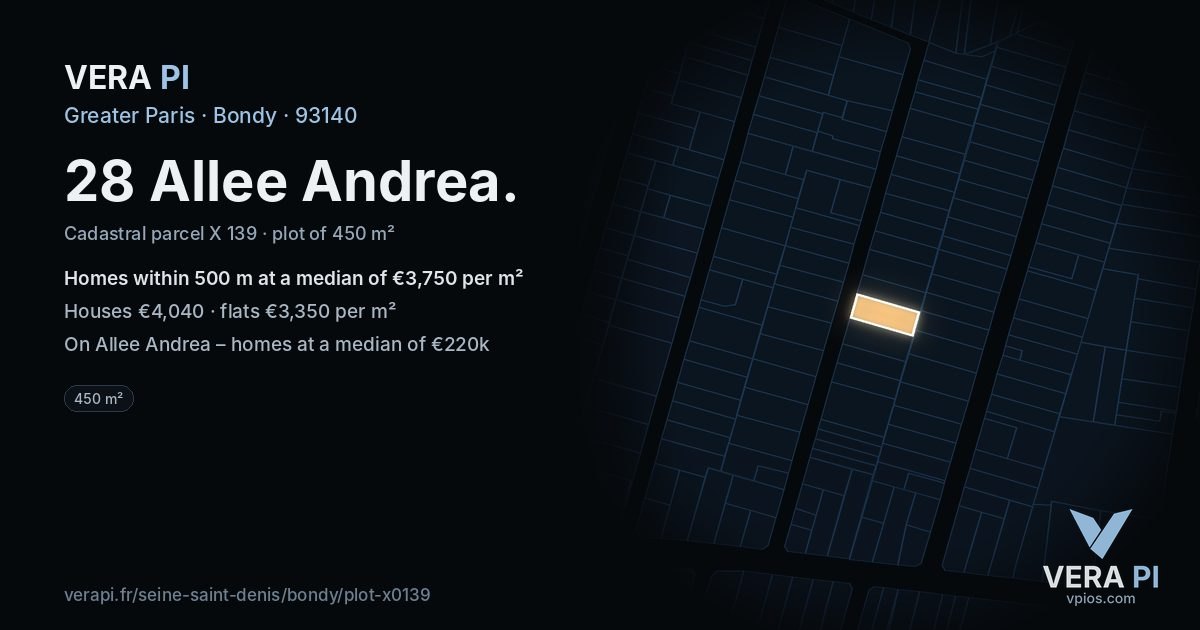 28 Allee Andrea, Bondy at night – the plot lit, the parcels around coloured by the prices near them