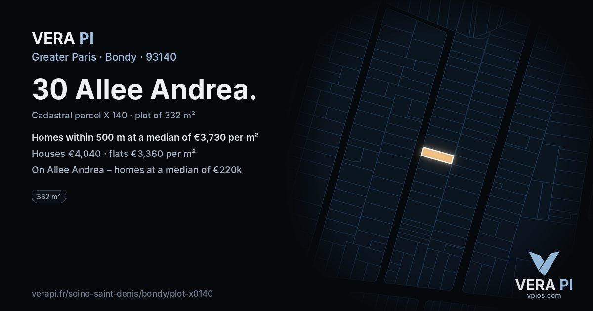 30 Allee Andrea, Bondy at night – the plot lit, the parcels around coloured by the prices near them