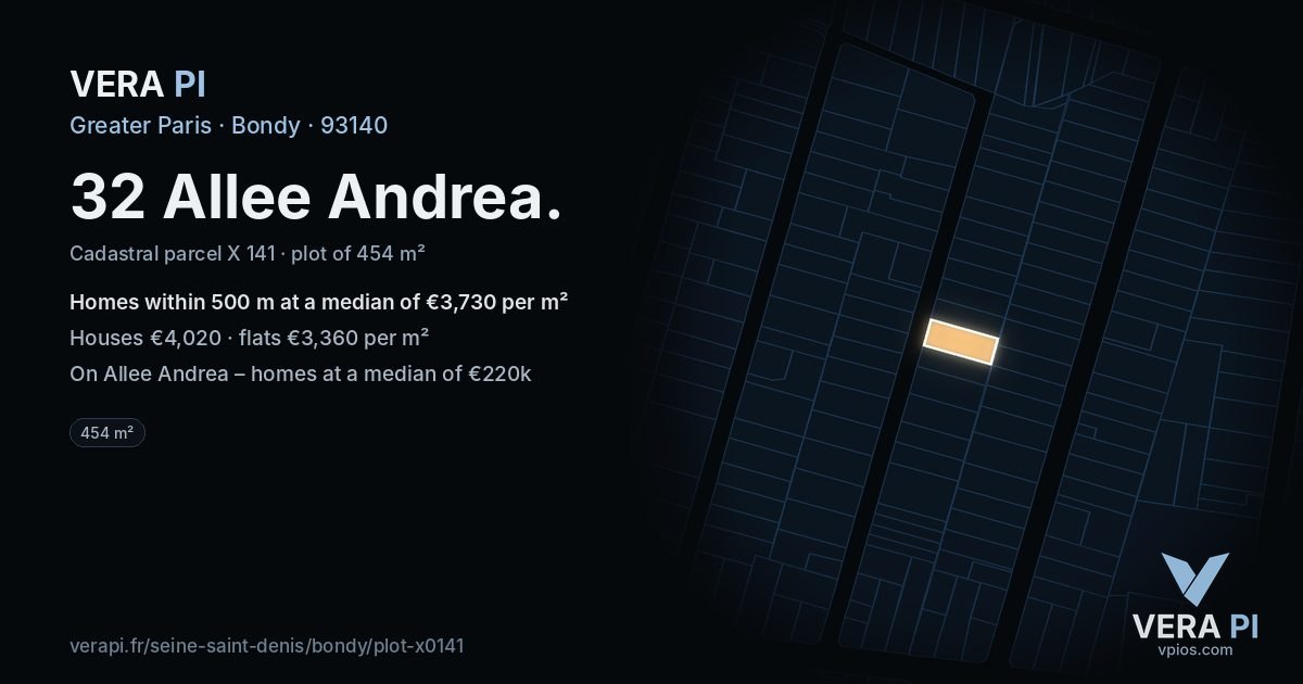 32 Allee Andrea, Bondy at night – the plot lit, the parcels around coloured by the prices near them