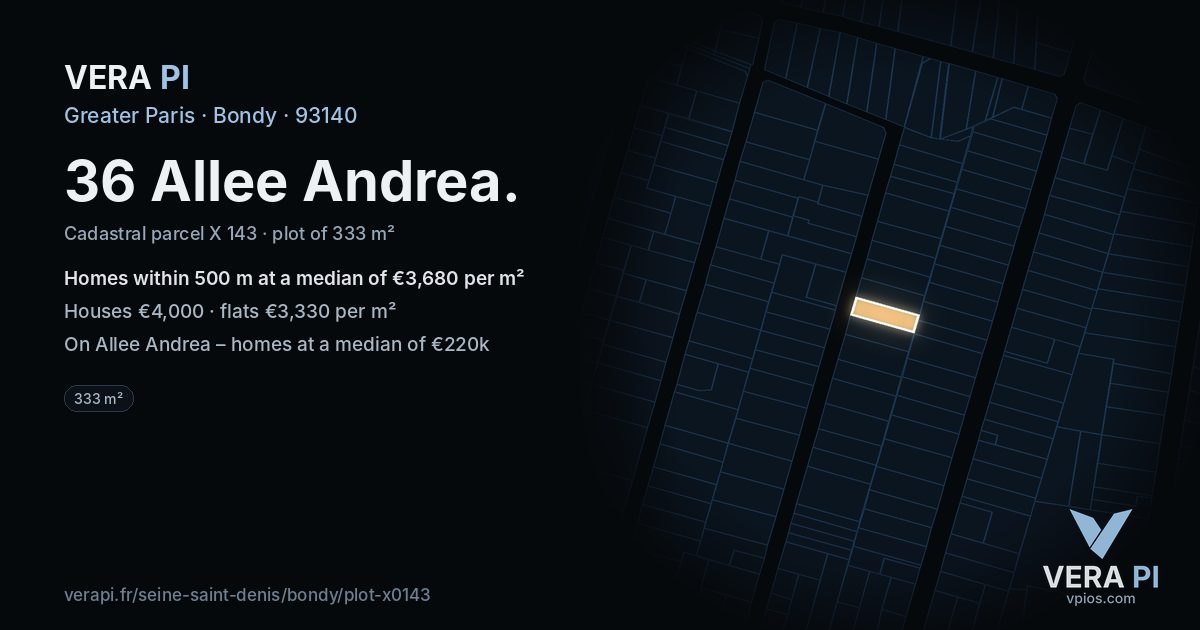 36 Allee Andrea, Bondy at night – the plot lit, the parcels around coloured by the prices near them