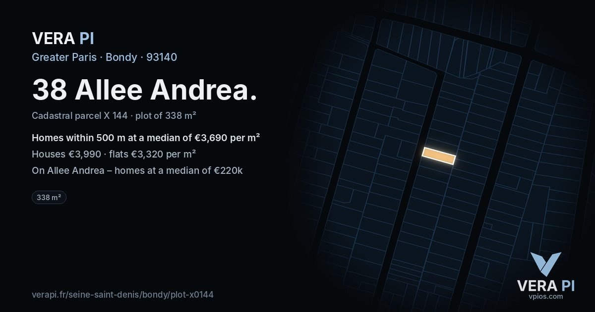 38 Allee Andrea, Bondy at night – the plot lit, the parcels around coloured by the prices near them