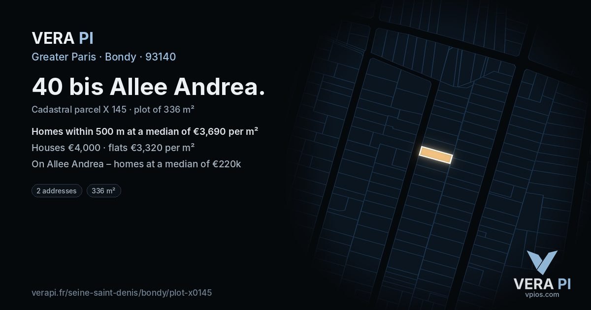 40 bis Allee Andrea, Bondy at night – the plot lit, the parcels around coloured by the prices near them