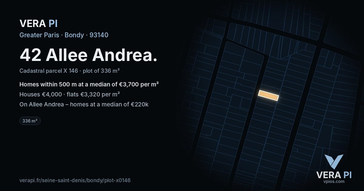 42 Allee Andrea, Bondy at night – the plot lit, the parcels around coloured by the prices near them