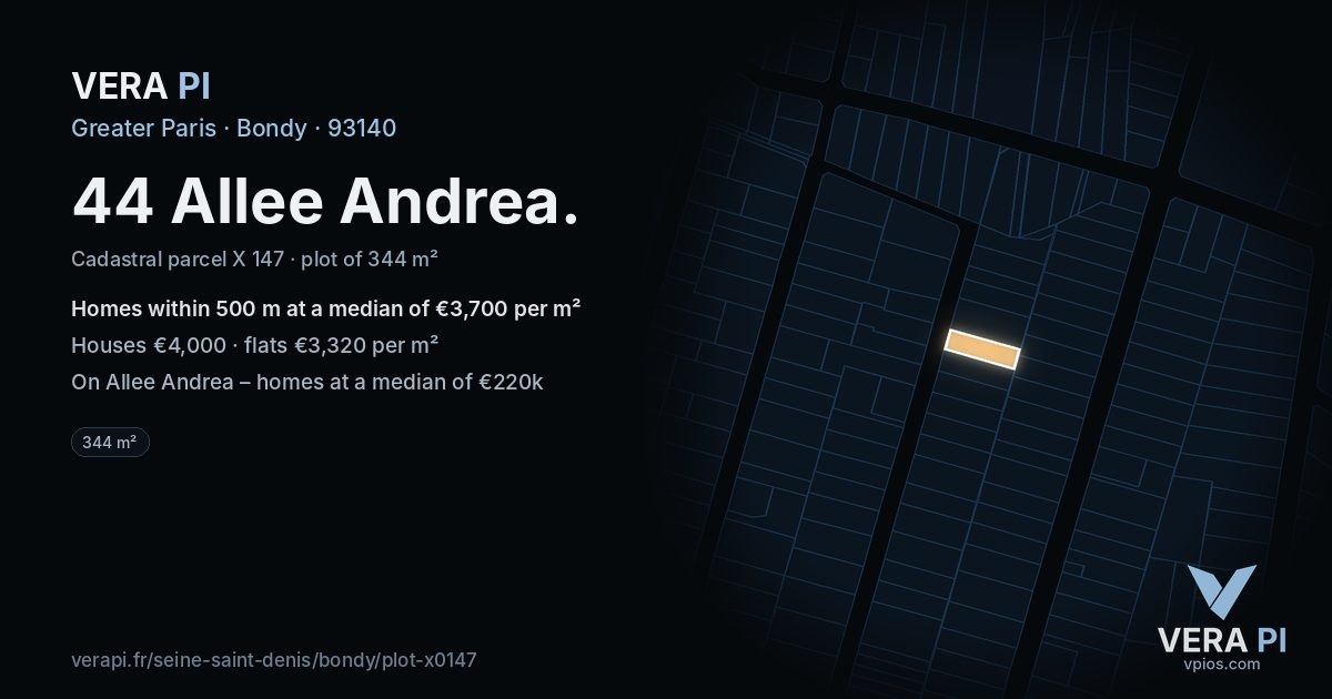 44 Allee Andrea, Bondy at night – the plot lit, the parcels around coloured by the prices near them