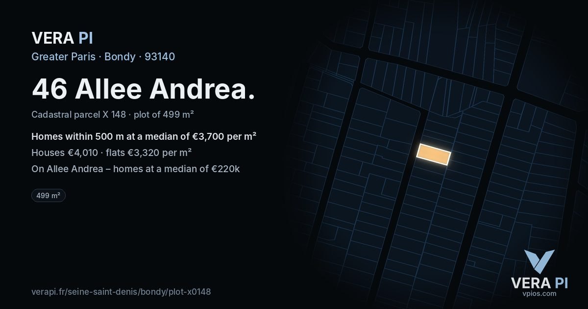46 Allee Andrea, Bondy at night – the plot lit, the parcels around coloured by the prices near them
