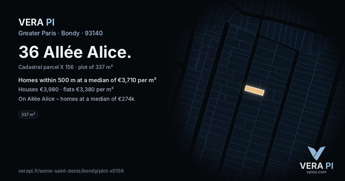 36 Allée Alice, Bondy at night – the plot lit, the parcels around coloured by the prices near them