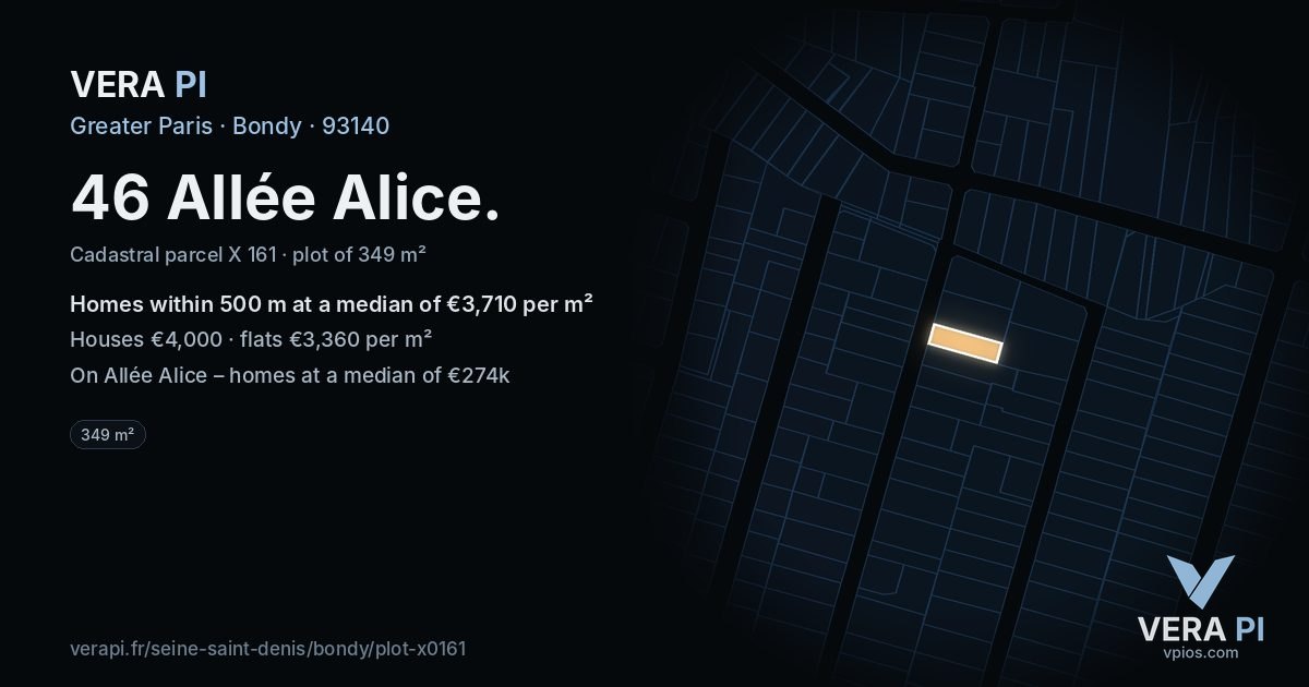 46 Allée Alice, Bondy at night – the plot lit, the parcels around coloured by the prices near them